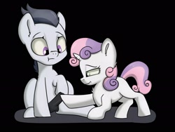 Size: 2048x1537 | Tagged: explicit, artist:dumbwoofer, sweetie belle, balls, black background, colt, female, filly, filly on colt, foal, foalcon, g4, imported from derpibooru, male, nudity, pegasus, penis, pony, rumble, ship:rumbelle, shipping, simple background, smiling, straight, unicorn