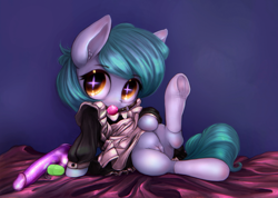 Size: 3730x2663 | Tagged: explicit, artist:darkstylerz, oc, oc:siriusnavigator, ballgag, clothes, dildo, drool, female, foal, foalcon, frog (hoof), gag, high res, human vulva on pony, imported from derpibooru, maid, mare, nudity, oc only, pegasus, pony, presenting, rule 63, sex toy, skirt, skirt lift, socks, solo, solo female, sparkly eyes, underhoof, vibrator, vulva, wingding eyes