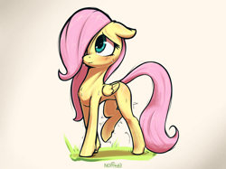 Size: 1663x1247 | Tagged: questionable, artist:nottrevbe, fluttershy, blank flank, blushing, ears back, female, filly, foal, foalcon, g4, imported from derpibooru, pegasus, pony, raised hoof, solo, solo female, subtly questionable, sweat, twitching, vaginal secretions, younger