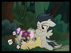 Size: 2000x1482 | Tagged: explicit, artist:sherathoz, oc, oc:mercury shine, colt, colt on filly, commission, crotchboobs, cute, cute porn, delicious flat crotch, duo, everfree forest, eye contact, female, filly, floating heart, foal, foalcon, forest, g4, heart, heart eyes, horn, imported from derpibooru, looking at each other, looking at someone, lying down, male, mercury shine actually having a pretty good time, nipples, nudity, on side, one eye closed, outdoor sex, outdoors, pegasus, penetration, pony, rumble, sex, show accurate, show accurate porn, sideways, signature, straight, teats, unicorn, unicorn oc, vaginal, vulva, wingding eyes