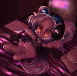 Size: 1384x1350 | Tagged: explicit, artist:darkstylerz, oc, oc:milhrena von krugens fldavnucl of smrt nemůže být poražena pouze odložena, alternate style, chubby, clothes, crayon, female, filly, foal, foalcon, frog (hoof), headphones, hooves, imported from derpibooru, nudity, oc only, original species, oversized clothes, oversized shirt, plant, plant pony, playstation, pony, shirt, skin folds, solo, solo female, television, underhoof, vulva, walkman