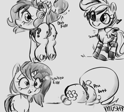 Size: 1650x1500 | Tagged: explicit, artist:mushy, scootaloo, oc, oc:bat filly, oc:filly anon, oc:pea, oc:schitzo filly, anatomically correct, anus, bat pony, butt, clothes, earth pony, female, filly, foal, foalcon, g4, imported from derpibooru, legwear, nudity, pegasus, plot, ponut, pony, socks, striped socks, thigh highs, unicorn, vulva