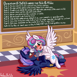 Size: 2500x2500 | Tagged: explicit, artist:anibaruthecat, princess flurry heart, oc, oc:prince nova sparkle, alicorn, alicorn oc, alternate version, bedroom eyes, blushing, brother, brother and sister, canon x oc, chalkboard, classroom, colt, colt on filly, commission, cousin incest, cousins, cowgirl position, creampie, cum, cum on body, detention, dialogue, eyebrows, eyelashes, family, female, filly, foal, foalcon, g4, half-brother, half-cousins, half-siblings, half-sister, high res, horn, human vulva on pony, implied princess celestia, implied princess luna, imported from derpibooru, incest, indoors, male, name, nostrils, novaheart, nudity, offspring, open mouth, parent:shining armor, parent:twilight sparkle, parents:shining sparkle, penetration, penis, pony, prince, princess, princess celestia's school for gifted unicorns, product of incest, product of incest having incest, royalty, sex, sex education, shakespearicles, shipping, siblings, signature, sister, spread wings, story included, straight, tail, talking, text, this will end in pregnancy, vaginal, wall of tags, wall of text, wingboner, wings