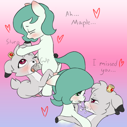 Size: 2048x2048 | Tagged: explicit, artist:multiverseequine, oc, oc:emerald jewel, oc:maple (colt quest), after kiss, albino, balls, blowjob, blushing, colt, colt quest, creampie, cum, cum drinking, cum in mouth, cum on mouth, cumming, deer, deer on pony action, deerlike penis, dialogue, drool, drool on face, drool string, duo, duo male, ear blush, earth pony, fawn, femboy, floppy ears, foal, foalcon, gay, glazed dick, gradient background, heart, heart eyes, high res, imported from derpibooru, interspecies, jewelry, licking, looking at each other, looking at someone, male, nudity, oc only, oc x oc, oral, oral creampie, penis, pony, pony on deer action, salivating, sex, shipping, snowballing, tongue out, wingding eyes, young