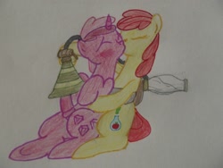 Size: 1280x960 | Tagged: explicit, artist:homo-pony69, apple bloom, alternate cutie mark, bloom & gloom, earth pony, female, filly, foal, foalcon, futa, futa filly, futa on female, futa ruby pinch, g4, horsecock, imported from derpibooru, intersex, kissing, milking, my little pony: friendship is magic, nudity, penis, penis milking, pest control gear, pony, ruby pinch, shipping, traditional art, unicorn, vacuum cleaner