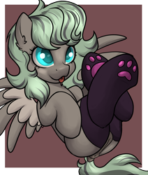 Size: 2200x2600 | Tagged: explicit, artist:dumbwoofer, oc, oc:forest air, :p, anus, blank flank, clothes, crossed legs, dock, female, filly, foal, foalcon, high res, imported from derpibooru, lying down, nudity, oc only, on back, paw socks, pegasus, playful, pony, simple background, socks, solo, solo female, spread wings, tail, tongue out, vulva, wings