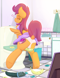 Size: 1663x2160 | Tagged: explicit, artist:not_texmex, scootaloo, alternate version, anus cameltoe, banana, bathroom, butt, cameltoe, clothes, condom, cucumber, derpibooru exclusive, dock, dress, female, foalcon, food, frilly underwear, fruit, g4, imported from derpibooru, improvised sex toy, masturbation, mirror, panties, pegasus, plot, pony, raised tail, scootabutt, sex toy, solo, solo female, tail, the cmc's cutie marks, toilet, underwear, vaginal secretions, wet panties