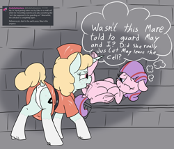 Size: 1662x1425 | Tagged: explicit, artist:thebathwaterhero, oc, oc:april showers, oc:zako, age difference, anus, butt, clitoris, clothes, crotchboobs, cunnilingus, duo, earth pony, earth pony oc, female, filly, foal, foalcon, guard, horn, imported from derpibooru, lesbian, lying down, mare, mare on filly, nipples, nudity, oc only, on back, oral, panties, plot, ponut, pony, prison cell, sex, underwear, unicorn, unicorn oc, vulva