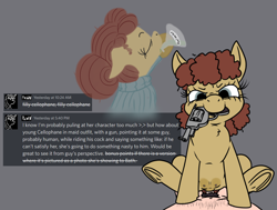 Size: 1053x797 | Tagged: explicit, grimdark, artist:thebathwaterhero, oc, oc:cellophane, age regression, crotchboobs, domination, earth pony, earth pony oc, female, female on male, female on male rape, filly, filly on human male, foal, foalcon, foaldom, gun, gun in mouth, human, human male, human on pony action, imported from derpibooru, interspecies, male, mare on human male, nipples, not apple bloom, nudity, oc only, penis, pony, rape, reverse foalcon, sex, straight, weapon