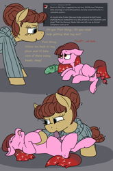 Size: 1228x1864 | Tagged: explicit, artist:thebathwaterhero, oc, oc:cellophane, oc:cherry bottom, age difference, anal beads, anal insertion, anus, balls, blowjob, butt, clothes, colt, crying, drool, duo, earth pony, earth pony oc, female, femboy, foal, foalcon, imported from derpibooru, insertion, lying down, male, mare, mare on colt, nudity, oc only, on back, oral, penis, plot, pony, sex, sex toy, straight, straight shota, sweater