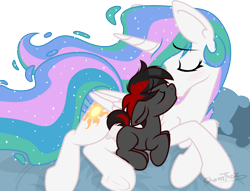 Size: 2000x1530 | Tagged: questionable, artist:sherathoz, princess celestia, oc, oc:varan, age difference, alicorn, bed, colt, commission, crotchboobs, duo, earth pony, earth pony oc, female, foal, foalcon, g4, imported from derpibooru, kiss on the lips, kissing, male, mare, nipples, nudity, pony, simple background, size difference, transparent background