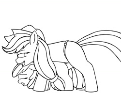 Size: 1200x931 | Tagged: explicit, apple bloom, applejack, age difference, anal insertion, apple sisters, applecest, earth pony, female, filly, foal, foalcon, g4, imported from derpibooru, incest, insertion, lesbian, mare, mare on filly, monochrome, pony, pony on pony action, sex toy, ship:bloomjack, shipping, siblings, simple background, sisters, strapon, white background