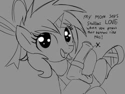 Size: 684x513 | Tagged: explicit, artist:permpony, oc, oc:susie supreme, ball busting, ballet slippers, balls, cbt, clothes, dialogue, disembodied penis, female, female focus, filly, foal, foalcon, grayscale, hair ribbon, horn, horsecock, imported from derpibooru, leotard, looking up, monochrome, nudity, penis, pony, ribbon, sketch, smiling, solo focus, squeezing, unicorn, unicorn oc