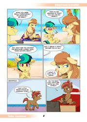 Size: 866x1209 | Tagged: explicit, artist:amaichix, button mash, oc, oc:apogee, oc:cream heart, comic:smash the beach, balls, beach, blushing, colt, comic, dialogue, earth pony, earth pony oc, female, filly, foal, foalcon, g4, horsecock, imported from derpibooru, liquid button, male, mare, masturbation, nudity, pegasus, pegasus oc, penis, pony, wings