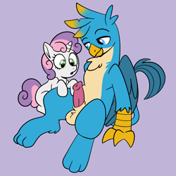 Size: 2000x2000 | Tagged: explicit, artist:vodkamewtwoni, sweetie belle, balls, commission, duo, female, filly, foal, foalcon, g4, gallus, griffon, high res, imported from derpibooru, lavender background, male, nudity, penis, pony, sheath, ship:gallbelle, shipping, simple background, stare, straight, unicorn