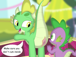 Size: 3510x2614 | Tagged: explicit, artist:php170, artist:porygon2z, editor:ponygamer2020, spike, oc, oc:jade, butt, canon x oc, dialogue, dragon, dragon oc, dragonbutt, dragoness, duo, edit, eyes on the prize, female, foalcon, g4, high res, imminent sex, implied penetration, imported from derpibooru, male, nsfw version, nudity, part of a set, penetration, penis, presenting, presenting butt, sex, ship:jadespike, shipping, small penis, speech bubble, straight, vagina, vaginal