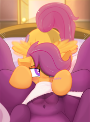Size: 1608x2160 | Tagged: questionable, artist:glutenfree_texmex, scootaloo, age difference, alternate version, ass up, bed, bedroom, bedroom eyes, belly button, blushing, both cutie marks, buzzing wings, cheerilee, clothes, crotchboobs, derpibooru exclusive, earth pony, female, filly, filly on mare, foal, foalcon, g4, imported from derpibooru, legs in air, lesbian, mare, nudity, offscreen character, olfactophilia, panties, panty pull, panty sniffing, pegasus, pink panties, pony, pov, raised tail, ship:cheeriloo, shipping, striped underwear, tail, tail trail, the cmc's cutie marks, underwear, underwear sniffing, vaginal secretions, wingding eyes, wings