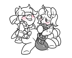 Size: 1500x1200 | Tagged: explicit, artist:paperbagpony, oc, oc:solar comet, age difference, balls, band-aid, blushing, bow, braid, crossdressing, cum, cumming, disguised changedling, eyelashes, female, female on male, filly, filly on stallion, foal, foalcon, genitals, hair bow, hoofjob, imported from derpibooru, lip bite, male, nudity, pony, pony oc, pony on pony action, sex, stallion, straight, trap, vulva