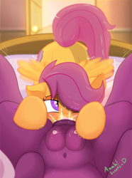 Size: 1608x2160 | Tagged: explicit, artist:glutenfree_texmex, scootaloo, age difference, alternate version, ass up, bed, bedroom, bedroom eyes, belly button, blushing, both cutie marks, buzzing wings, cheerilee, clitoris, crotchboobs, cum, cunnilingus, derpibooru exclusive, drool, drool string, earth pony, female, filly, filly on mare, foal, foalcon, from front, g4, imported from derpibooru, legs in air, lesbian, mare, nipples, nudity, offscreen character, oral, orgasm, pegasus, pony, pony on pony action, pov, raised tail, sex, ship:cheeriloo, shipping, snout penetration, squash soup, squirting, squirting in mouth, tail, tail trail, the cmc's cutie marks, vaginal orgasm, vaginal secretions, vaginal secretions in mouth, wingding eyes, wings