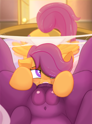 Size: 1608x2160 | Tagged: explicit, artist:glutenfree_texmex, scootaloo, age difference, alternate version, ass up, bed, bedroom, bedroom eyes, belly button, blushing, both cutie marks, buzzing wings, cheerilee, clitoris, clothes, crotchboobs, cunnilingus, derpibooru exclusive, earth pony, female, filly, filly on mare, foal, foalcon, frilly underwear, g4, imported from derpibooru, legs in air, lesbian, mare, nipples, nudity, offscreen character, oral, panties, panties around legs, panties on head, panties pulled down, pegasus, pink underwear, pony, pov, raised tail, sex, ship:cheeriloo, shipping, snout penetration, striped underwear, tail, tail trail, the cmc's cutie marks, underwear, vaginal secretions, vulva, wings