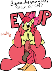 Size: 574x786 | Tagged: explicit, artist:mostazathy, apple bloom, age difference, applecest, balls, big dom small sub, big macintosh, big penis, blushing, brother and sister, clitoris, earth pony, erection, female, female on top, foalcon, g4, imminent penetration, imminent sex, imminent vaginal, imported from derpibooru, incest, long penis, male, male on bottom, nudity, open mouth, penetration, penis, pony, reverse cowgirl, sex, ship:macbloom, shipping, siblings, size difference, straight, text, thick penis, vaginal, vulva