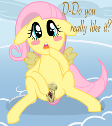 Size: 2281x2571 | Tagged: explicit, artist:ponykittenboi, fluttershy, blush sticker, blushing, butt, clitoris, cloud, crotchboobs, derpibooru exclusive, female, filly, foal, foalcon, g4, high res, imported from derpibooru, looking at you, looking up, nipples, nudity, open mouth, pegasus, plot, pony, show accurate, show accurate porn, solo, solo female, spread legs, spread pussy, spread wings, spreading, text, vagina, vaginal secretions, vulva, wingboner, wingding eyes, wings, younger