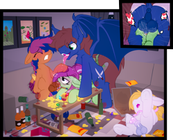 Size: 2500x2023 | Tagged: explicit, artist:sherathoz, oc, oc:solar comet, oc:warly, oc:watermelon success, age difference, bat pony, blowjob, close-up, commission, disguised changedling, doggy style, drunk, eyelashes, female, filly, foal, foalcon, from behind, fucked senseless, group sex, hands free, high res, imported from derpibooru, larger male, male, nudity, oc only, oral, orgasm, party, pegasus, penetration, penis, pony, pony oc, pony on pony action, sex, size difference, smaller female, smaller male, spread legs, spreading, squirting, stallion, stallion on filly, straight, threesome, tongue out, trap, tremble spikes, trembling, vaginal, vaginal orgasm, vaginal secretions