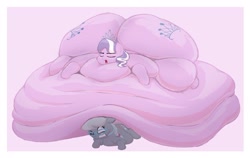 Size: 2048x1297 | Tagged: questionable, artist:deestopikbakery, diamond tiara, silver spoon, abstract background, belly, belly bed, both cutie marks, butt, chubby diamond, duo, earth pony, eyes closed, fat, female, filly, foal, foalcon, g4, huge butt, immobile, imported from derpibooru, impossibly large belly, impossibly large butt, large butt, lying down, lying on top of someone, morbidly obese, obese, open mouth, plot, pony, squashing