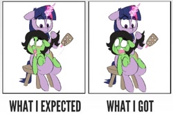Size: 456x302 | Tagged: explicit, artist:whydomenhavenipples, twilight sparkle, oc, oc:filly anon, algolagnia, blushing, comparison, duo, earth pony, edit, expectation vs reality, female, filly, foal, foalcon, g4, imported from derpibooru, literal butthurt, magic, over the knee, paddle, pain, pony, reality ensues, spanking, subtly explicit, text, twilight is a foal fiddler, unicorn, vaginal secretions