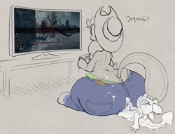 Size: 1442x1102 | Tagged: explicit, artist:parumpi, applejack, spike, applebutt, butt, buttcrack, casual sex, clothes, controller, cum, dialogue, dock, dragon, duo, earth pony, elden ring, female, foalcon, g4, gamejob, hoof hold, huge butt, human penis, imported from derpibooru, impossibly large butt, impossibly wide hips, jeans, large butt, lying down, male, mare, masturbation, nudity, on back, open mouth, panties, pants, penis, playing, plot, plotcrack, pony, sex, ship:applespike, shipping, sitting, sitting on lap, size difference, straight, tail, television, the ass was fat, underwear, wide hips