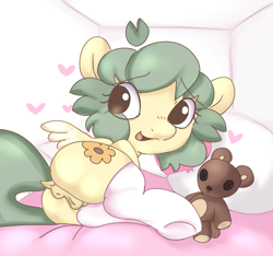 Size: 927x869 | Tagged: explicit, artist:mushy, oc, oc:pea, anatomically correct, anus, bedroom, butt, clothes, female, filly, foal, foalcon, heart, hooves, imported from derpibooru, legwear, nudity, oc only, pegasus, plot, plushie, ponut, pony, socks, solo, solo female, teddy bear, thigh highs, vulva