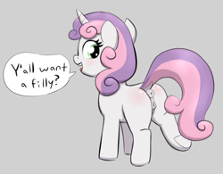 Size: 2344x1832 | Tagged: explicit, artist:heretichesh, sweetie belle, anatomically correct, anus, blushing, butt, butt blush, colored, dialogue, dock, female, filly, foal, foalcon, full body, g4, gray background, high res, hooves, horn, imported from derpibooru, looking at you, looking back, looking back at you, nudity, open mouth, open smile, plot, ponut, pony, presenting, raised leg, simple background, smiling, solo, solo female, speech bubble, standing, sweetie butt, tail, text, two toned mane, two toned tail, underhoof, unicorn, vulva