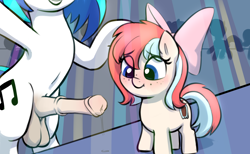 Size: 2427x1494 | Tagged: explicit, artist:heretichesh, oc, oc:fizzie, balls, blushing, bow, canon x oc, colored, dj pon-3, eyes on the prize, female, filly, foal, foalcon, futa, futa on female, futa on filly, futa vinyl scratch, g4, hair bow, imported from derpibooru, intersex, mare, nudity, penis, pony, rave, reacting to nudity, vinyl scratch, waving