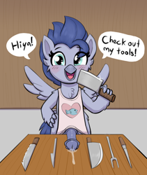 Size: 1814x2152 | Tagged: explicit, artist:heretichesh, oc, oc:tuna peki, apron, bipedal, blushing, cleaver, clothes, colored, foal, foalcon, futa, futa filly, futa oc, hippogriff, imported from derpibooru, intersex, knife, looking at you, meat cleaver, nudity, penis, precum, smiling, solo, solo futa, spread wings, table, this will end in tears, wings