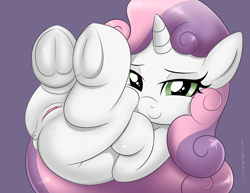 Size: 4400x3400 | Tagged: explicit, artist:zionworldartist, sweetie belle, alternate versions at source, anus, bedroom eyes, butt, clitoris, curled up, cute, cute porn, female, filly, foal, foalcon, frog (hoof), g4, human vulva on pony, imported from derpibooru, looking at you, nudity, plot, ponut, pony, purple background, signature, simple background, smiling, solo, solo female, underhoof, unicorn, vulva