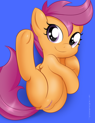 Size: 3400x4400 | Tagged: explicit, artist:zionworldartist, scootaloo, alternate versions at source, anus, blue background, butt, clitoris, cute, dock, female, filly, flexible, foal, foalcon, frog (hoof), g4, hoofbutt, imported from derpibooru, looking at you, nudity, pegasus, plot, ponut, pony, signature, simple background, smiling, solo, solo female, spread legs, spreading, tail, underhoof, vulva