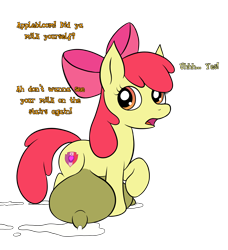 Size: 2100x2298 | Tagged: questionable, artist:wapamario63, apple bloom, big crotchboobs, blatant lies, crotchboobs, dialogue, earth pony, female, filly, foal, foalcon, g4, high res, huge crotchboobs, hyper, hyper crotchboobs, implied applejack, imported from derpibooru, impossibly large crotchboobs, lactation, mare, milk, nipples, nudity, offscreen character, pony, simple background, solo, solo female, transparent background