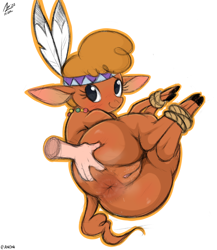 Size: 2000x2300 | Tagged: explicit, artist:aer0 zer0, anus, bondage, buffalo, butt, disembodied hand, female, female focus, foalcon, g4, grope, hand, high res, human, human on buffalo action, imported from derpibooru, interspecies, little strongheart, nudity, offscreen character, plot, smiling, solo focus, spread butt, tied up, vulva
