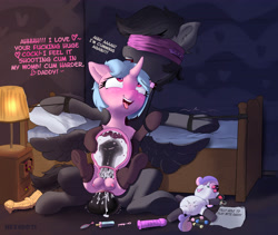 Size: 4302x3627 | Tagged: explicit, artist:hexado, sweetie belle, oc, oc:aerial ace, oc:milky tail, abdominal bulge, ahegao, anatomically correct, bed, bedroom, blindfold, bondage, cervical penetration, cervix, clitoris, clothes, crotchboobs, cum, cum in uterus, cum inflation, daddy kink, dialogue, dildo, domination, drawer, father and child, father and daughter, female, filly, foal, foalcon, foaldom, g4, heart, heart eyes, horsecock, imported from derpibooru, incest, inflation, leaking cum, male, multiple orgasms, nipples, nudity, open mouth, orgasm, parent and child, pegasus, pencil, penetration, penis, plushie, pony, pony plushie, reverse foalcon, sex, sex toy, socks, text, tongue out, unicorn, uterus, vaginal, vaginal secretions, vulva, wingding eyes, womb penetration, x-ray