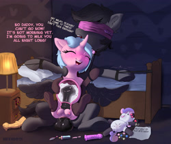 Size: 4302x3627 | Tagged: explicit, artist:hexado, sweetie belle, oc, oc:aerial ace, oc:milky tail, abdominal bulge, anatomically correct, bed, bedroom, blindfold, bondage, cervical penetration, cervix, clitoris, clothes, crotchboobs, cum in uterus, cum inflation, dialogue, dildo, domination, drawer, father and child, father and daughter, female, filly, foal, foalcon, foaldom, g4, horsecock, imported from derpibooru, incest, inflation, male, multiple orgasms, nipples, nudity, parent and child, pegasus, pencil, penetration, penis, plushie, pony, pony plushie, sex, sex toy, socks, text, unicorn, uterus, vaginal, vaginal secretions, vulva, womb penetration, x-ray