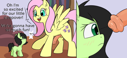 Size: 2340x1080 | Tagged: explicit, artist:happy harvey, fluttershy, oc, oc:filly anon, 2 panel comic, age difference, angel bunny, balls, blank flank, blushing, book, bookshelf, chair, comic, dialogue, ear fluff, earth pony, erection, female, filly, foal, foalcon, frown, futa, futa fluttershy, g4, horsecock, house, imported from derpibooru, intersex, it ain't gonna suck itself, looking at each other, looking at someone, looking down, looking up, nudity, pegasus, penis, phone drawing, pony, raised hoof, spread wings, stare, wings