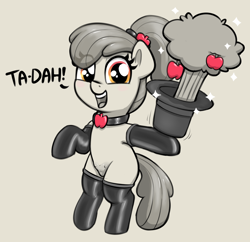 Size: 1932x1872 | Tagged: explicit, artist:heretichesh, apple bloom, apple, clothes, collar, crotchboobs, delicious flat crotch, earth pony, female, filly, foal, foalcon, food, g4, imported from derpibooru, latex, latex socks, magic trick, nipples, nudity, pony, socks, solo, solo female, teats, vulva