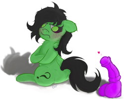 Size: 1567x1252 | Tagged: explicit, artist:botckap, oc, oc:anon, oc:filly anon, alternate version, angry, blushing, chest fluff, derpibooru exclusive, dildo, earth pony, female, filly, foal, foalcon, green coat, green eyes, heart, horsecock dildo, imported from derpibooru, oc only, pony, sex toy, simple background, solo, solo female, white background