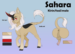 Size: 3500x2500 | Tagged: explicit, artist:coffeez, oc, oc:sahara_(kirin), anus, backsack, balls, bat eyes, butt, cloven hooves, color palette, colored background, colored hooves, colt, ear fluff, eyebrows, fangs, flared, foal, foalcon, gradient hooves, high res, horn, horsecock, imported from derpibooru, kirin, kirin oc, looking at you, male, medial ring, neck fluff, nudity, oc only, offspring, parent:oc:selketo, parent:oc:valentora, parents:oc x oc, penis, plot, ponut, raised tail, reference sheet, signature, solo, solo male, tail, taint, unshorn fetlocks, white mane, young