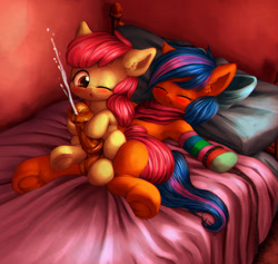 Size: 1300x1231 | Tagged: explicit, artist:darkstylerz, apple bloom, oc, oc:solar comet, anus, balls, bed, blushing, bondage, bow, butt, clothes, commission, cum, cumming, disguised changedling, dock, earth pony, eyelashes, eyes closed, female, femboy, filly, filly on stallion, foal, foalcon, foaldom, frog (hoof), g4, hoofjob, horsecock, imported from derpibooru, male, nudity, oc only, one eye closed, penis, pillow, plot, pony, rope, rope bondage, scarf, sex, sock, stallion, tail, trap, underhoof, unicorn