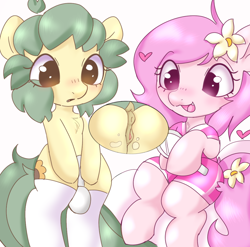 Size: 1057x1044 | Tagged: explicit, artist:mushy, oc, oc:kayla, oc:pea, anatomically correct, anus, bipedal, blank flank, blushing, butt, clothes, curious, dripping, duo, earth pony, female, filly, foal, foalcon, garter belt, imported from derpibooru, legwear, looking at you, mirror, nudity, oc only, one eye closed, pegasus, plot, ponut, pony, socks, thigh highs, vulva, wink, winking at you