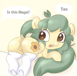 Size: 1057x1044 | Tagged: explicit, artist:mushy, oc, oc:pea, anatomically correct, anus, butt, clothes, dock, female, filly, foal, foalcon, imported from derpibooru, legwear, nudity, oc only, pegasus, plot, ponut, pony, simple background, smiling, socks, solo, solo female, tail, thigh highs, tooth, vulva, yellow background