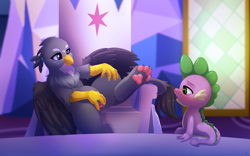 Size: 2000x1245 | Tagged: explicit, artist:dinoalpaka, spike, blushing, clitoris, cutie map, dragon, duo, female, foalcon, g4, gabby, griffon, imported from derpibooru, male, nudity, open mouth, paw pads, paws, ship:spabby, shipping, spread pussy, straight, twilight's castle, vagina, vulva, wings