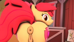 Size: 1920x1080 | Tagged: explicit, artist:necessaryevilprod., apple bloom, 3d, anatomically correct, anus, barn, bloom butt, both cutie marks, butt, clitoris, earth pony, female, filly, foal, foalcon, g4, imported from derpibooru, looking at you, looking back, looking back at you, nudity, plot, ponut, pony, smiling, smiling at you, solo, solo female, source filmmaker, vulva, vulvar winking