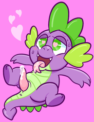 Size: 492x637 | Tagged: explicit, artist:sinribbons, spike, ahegao, anus, bedroom eyes, blushing, cum, dragon, drool, erection, fangs, floating heart, foalcon, g4, heart, heart eyes, imported from derpibooru, lying down, male, nudity, on back, open mouth, open smile, penis, pink background, simple background, smiling, solo, solo male, spread legs, spreading, sweat, tail, tongue out, wingding eyes